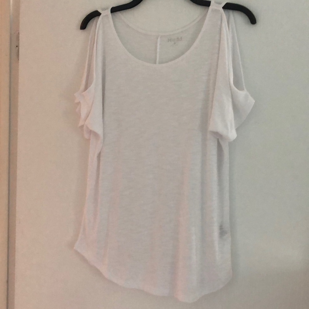 white tee shirt with slits on the arms